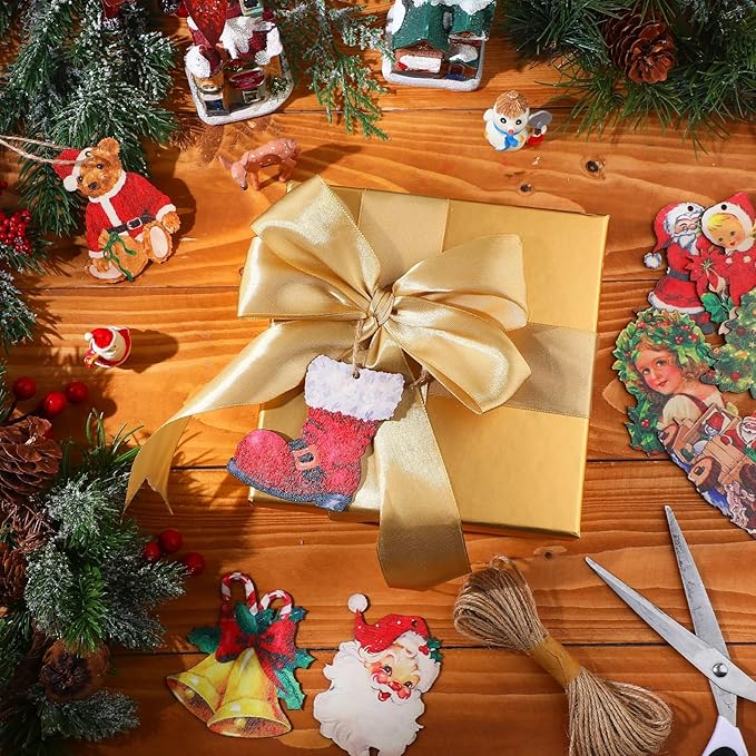 48 Pcs Victorian Style Wood Christmas Tree Ornaments - Hanging Vintage Decorations With Santa Claus and Snowman - Retro Wooden Ornament (Vivid Style)