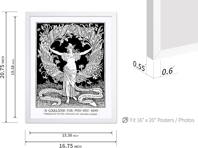 Poster Master Vintage Walter Crane Poster - Retro A Garland for May Day Print - Socialist Art - Gift for Him, Her, Men, Women - Wall Decor for Home, Office, Living Room, 16x20 White Framed