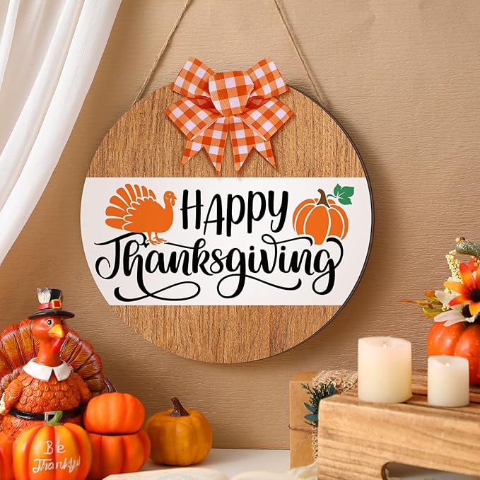 Fall Wreaths for Front Door Happy Thanksgiving Turkey Wooden Hanging Sign Fall Welcome Wreaths with Bow Turkey Farmhouse Wall Decoration for Home Autumn Harvest Front Porch Decor