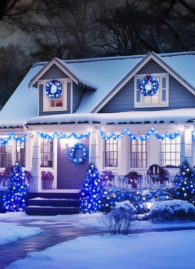 Minetom Solar String Lights - 4 Pack, 160FT, 400 LED with 8 Modes, Waterproof, Outdoor Christmas Lights for House & Tree, Blue & White