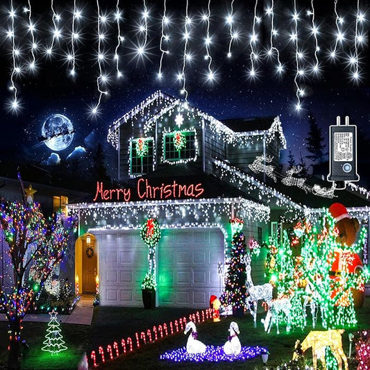 99ft 1216 LED Icicle Christmas Lights Outdoor - 8 Modes Icicle Lights with 228 Drops, Waterproof Plug in Fairy Curtain Light with Timer Memory for Party Holiday Wedding Decorations, Cool White