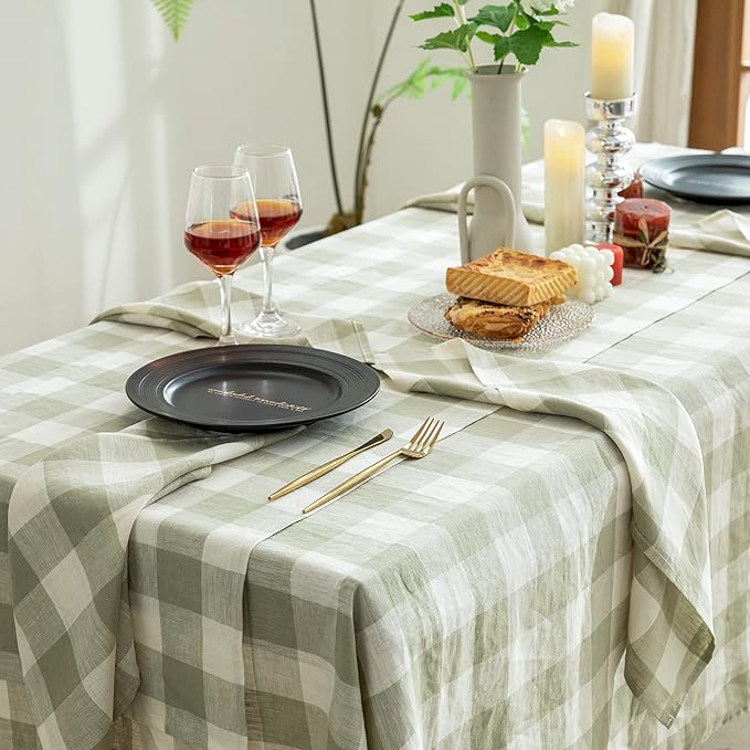 EVERLY 100% Yarn-Dyed Linen Rectangle Tablecloths 60x132Inches for Dining,Buffet Parties,Picnic,Events and Restaurants,Decorative Halloween,Thanksgiving Machine Washable Tablecloths-Sage Green Plaid