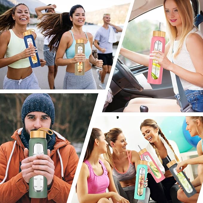 32 oz Glass Water Bottle with Straw - Motivational Time Marker & Silicone Sleeve - Reusable Tumbler Includes 2 Bamboo Lids & Fruit Infuser - 1 Pack