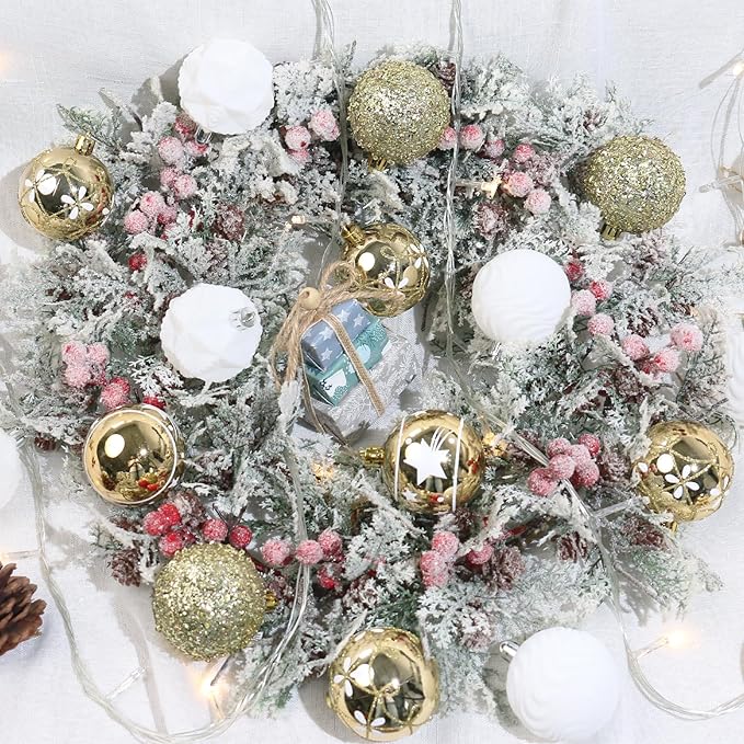 2.36In Velvet Christmas Ball Ornaments, 25PCS Gold/White Flocked Christmas Tree Hanging Decorations, for Home Holiday Wedding Indoor Xmas Party Decor.