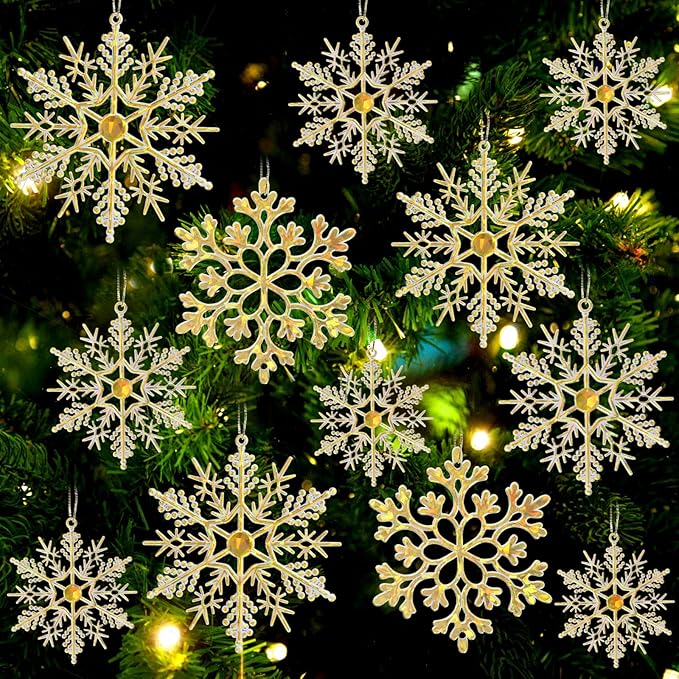 36pcs Gold Shine Christmas Snowflake Ornaments, Plastic Glitter Hanging Snow Flakes for Christmas Tree Decorations Winter Wonderland Frozen Birthday Party Holiday Home Decor