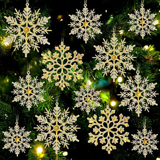 36pcs Gold Shine Christmas Snowflake Ornaments, Plastic Glitter Hanging Snow Flakes for Christmas Tree Decorations Winter Wonderland Frozen Birthday Party Holiday Home Decor