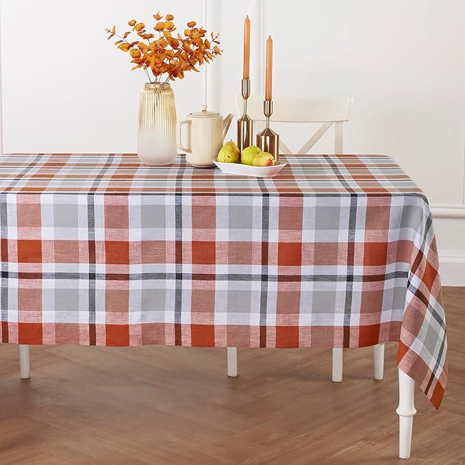 Solino Home Linen Plaid Tablecloth 60 x 108 Inch - 100% Pure Linen Cinnamon Table Cloth for Rectangle Tables - Fall Buffalo Check Machine Washable Tablecloth for Autumn, Halloween, Thanksgiving