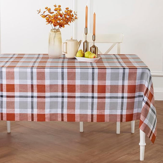 Solino Home Linen Tablecloth 60 x 90 Inch - 100% Pure Linen Plaid Cinnamon Table Cloth for Rectangle Tables - Fall Buffalo Check Machine Washable Tablecloth for Autumn, Halloween, Thanksgiving