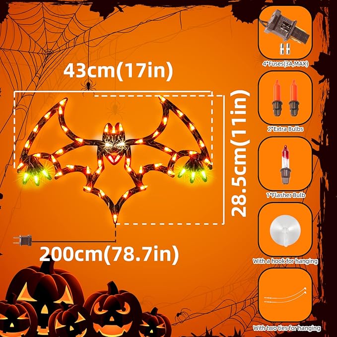 13.3" Lighted Bat Halloween Window Silhouette Decoration,Halloween Lighted Window Decoration,Hanging Light Up Holiday Ornament (Bat Light)