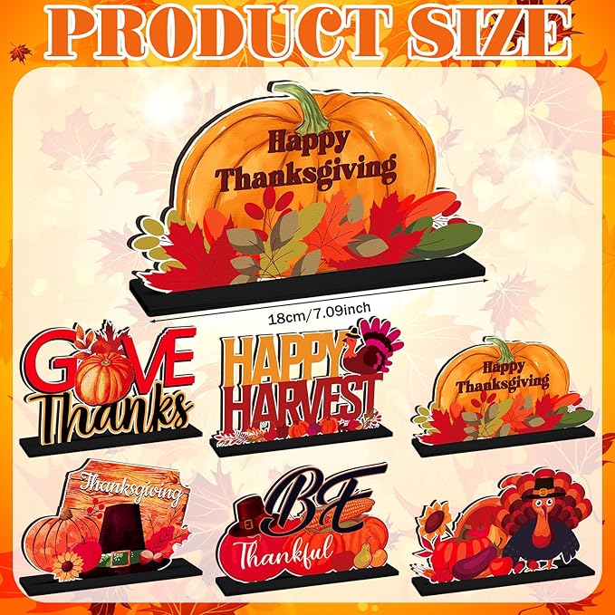 6 Pcs Thanksgiving Wooden Table Decorations Happy Harvest Party Supplies Thanksgiving Turkey Pumpkin Table Centerpieces for Home Indoor Give Thanks Be Thankful Holiday Party Decor