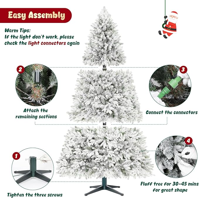 7.5ft Pre-lit Artificial Christmas Tree with Remote, Snow Flocked Xmas Trees Rotating & Foldable Stand, RGB & Warm White Light for Home Decor