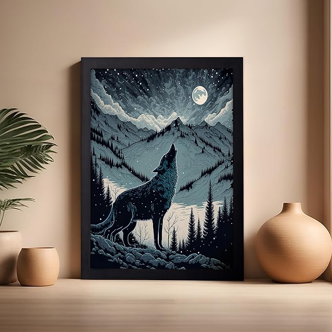Poster Master Vintage Illustration Poster - Retro Animal Print - Gift for Artist, Friend - Wolf Howling at the Moon, Mountain, Snow, Landscape - Wall Decor for Home, Office, 16x20 Black Framed