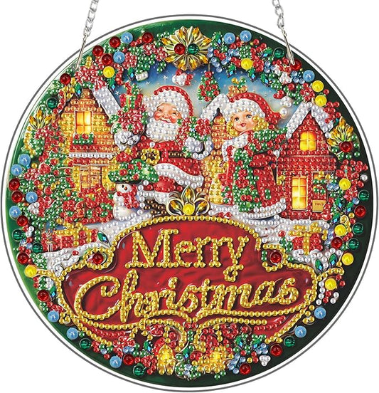 Diamond Art Hanging Kit for Adult, Merry Christmas, DIY Special Shaped Crystal Acrylic Diamond Art Painting Window Pendants, Santa Claus Sign, Diamond Painting Ornament for Home Garden Wall decor