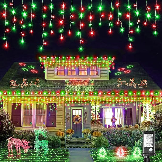 Icicle Lights for Outside, 66ft 640 LED Red and Green Christmas Lights 8 Modes with 120 Drops, Waterproof Christmas Icicle Light Outdoor Plug in for Indoor Party Holiday Halloween Decorations