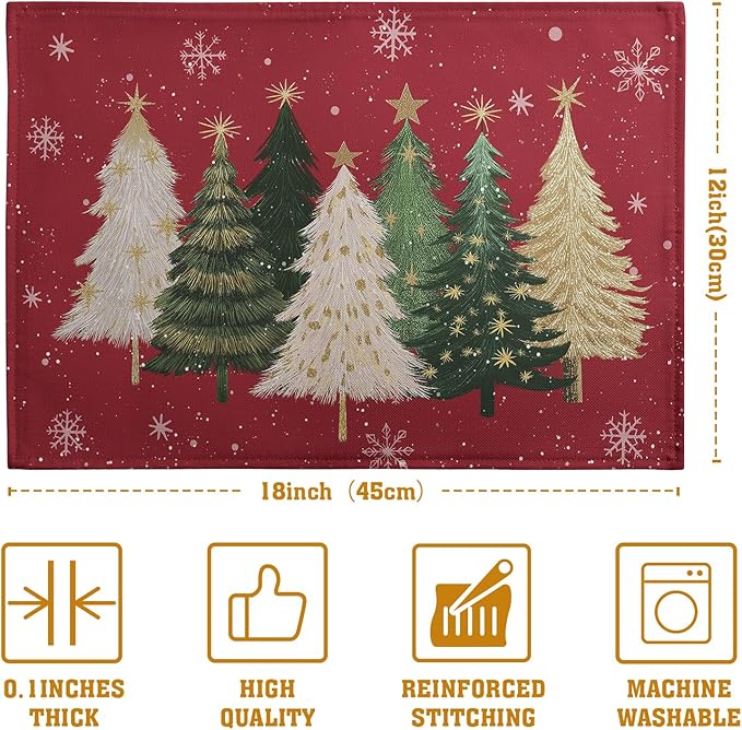 Red Christmas Tree Placemats Set of 4, 12x18 Inch Xmas Trees Snowflakes Winter Holiday Place Mats Seasonal Washable Linen Table Mat for Indoor Outdoor Kitchen Dining Party Decor