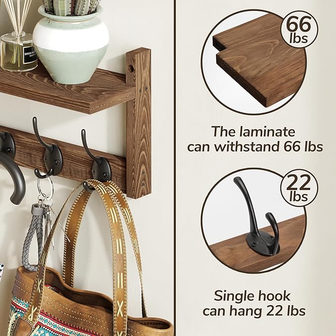 AMBIRD 34.2 inch Wooden Extra-Long Wall Hook Rack with Shelf - Versatile and Decorative Wall-Mounted Storage - 10 Hooks for Hanging Coats, Hats, Scarves - Ideal for Entryways, Bedrooms, Closets