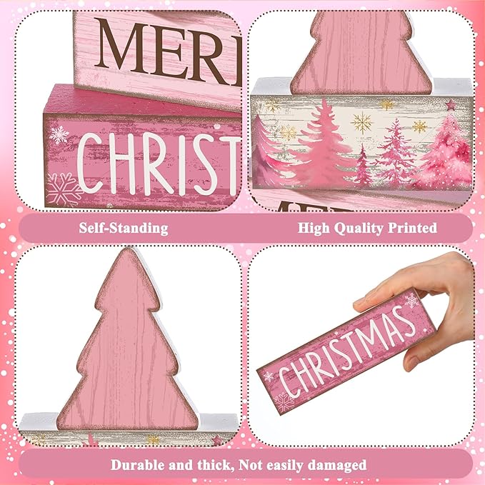 4 Pcs Christmas Table Decoration Wooden Pink Christmas Tree Centerpieces Decor Winter Tiered Tray Decor Rustic Decorative Tree Block Signs Gift Farmhouse Xmas Decoration for Home Kitchen