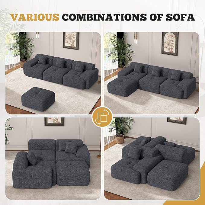122" Modern L Shaped Modular Sectional Sofa, Boneless Couches for Living Room with Ottoman,4 Seater Convertible Chenille Cloud Couch Sofa Set, No Assembly Required, Grey-Black 1 PCS