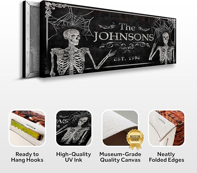 Tailored Canvases Gothic Family Wall Decor - Personalized Grunge Vintage Skeleton Room Decor for Home, Halloween Lovers, Men & Women for Bedroom, Living Room - Custom Couple Name, White Print, 48"x16"