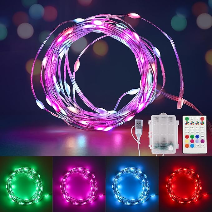 Fairy Lights Battery Operated Color Changing String Light with Remote, 16.4FT 1-Pack Twinkle LED Lights USB Plug or Battery Powered, Outdoor Christmas Decorations for Bedroom Party Indoor