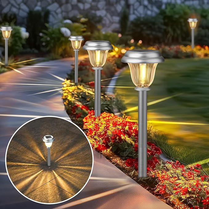 DERAYSION Solar Lights Outdoor Waterproof, Brushed Stainless Steel Glass Solar Pathway Lights, Auto On/Off Long-Lasting Outdoor Solar Lights for Garden, Landscape, Path, Yard 6 Pack