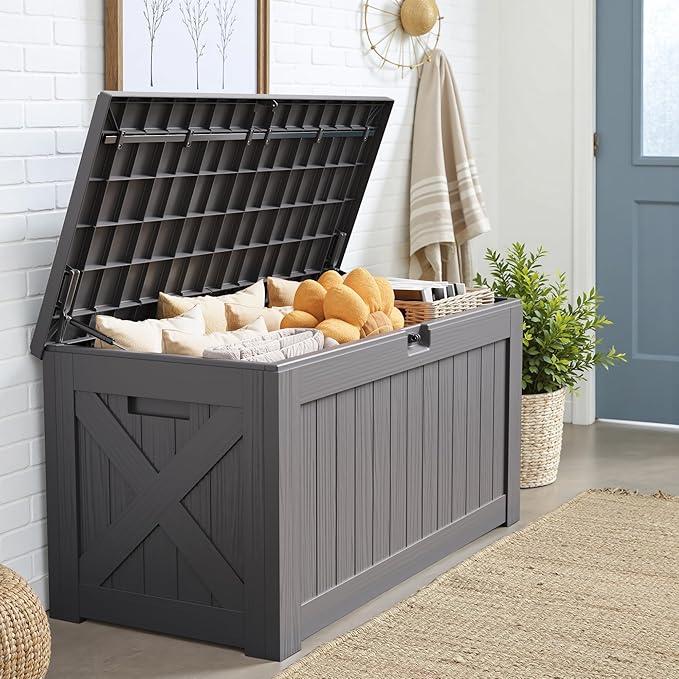JUMMICO 120 Gallon Resin Deck Box, Large Outdoor Storage Box Waterproof & Lockable for Garden, Patio, Pools (Gray)
