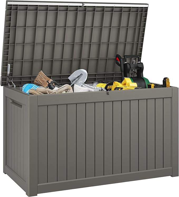 KAMABOKO 230 Gallon Outdoor Storage Box, Resin Deck Boxes Indoor and outdoor, Waterproof Storage Box Lockable Lid for Garden Tools, Package Delivery, Patio Cushions, Grey