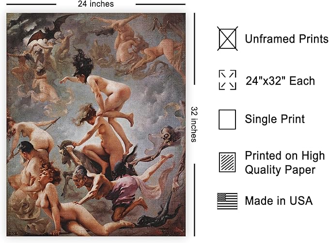 Poster Master Vintage Luis Ricardo Falero Poster - Retro Occult Print - Gift for Gothic, Horror Fan - Witches Going to their Sabbath, Pagan - Wall Decor for Bedroom, Dorm, 24x32 Unframed Wall Art