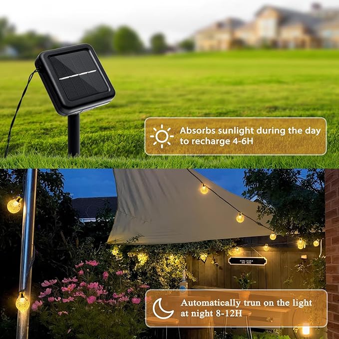 Outdoor Solar String Lights, 46FT 66LED 8Modes Crystal Solar Powered Christmas Fairy String Lights Waterproof for Outside Yard Fence Easter Holiday Party Porch Garden Decor(Warm White)