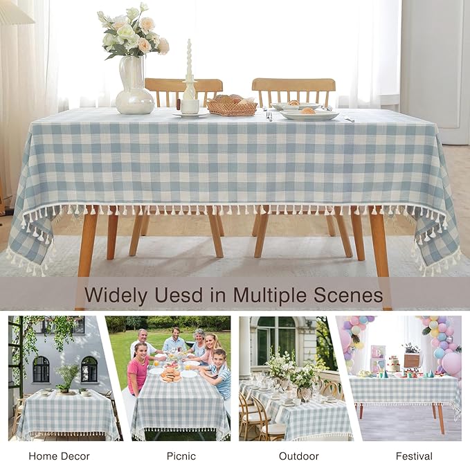 JIALE Gingham Tablecloth Rectangle Cotton Linen Fabric Checkered Table Cloth with Tassel Washable Wrinkle Free Buffalo Plaid Table Cover for Easter Party Outdoor Picnic Kitchen Dining, Blue, 90x55
