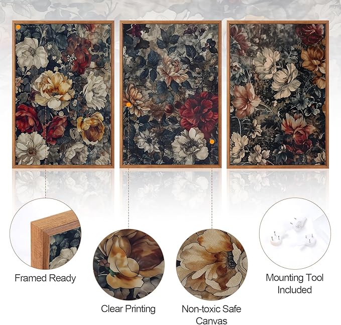 Aurlan Dark Moody Boho Wildflowers Wall Art Set(16"x24"), 3 Pieces Vintage Mid Century Modern Floral Framed Canvas Artwork, Large French Penoy Botanical Wall Decor for Office Bedroom Living Room