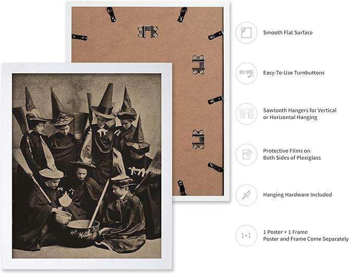 Poster Master Vintage Photograph Poster - Retro Halloween Print - Gift for Artist, Friend - Witches Cooking, Pointy Hats, Broomsticks, Black Magic - Wall Decor for Bedroom, 11x14 White Framed