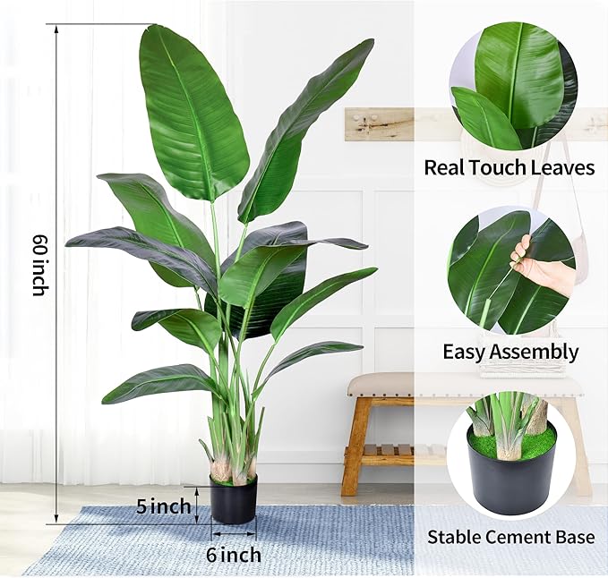Artificial Bird of Paradise Plant,Faux Palm Tree Potted Plant with Real Touch Leaves,Fake Trees for Home Living Room Office Indoor Outdoor Decor(5FT-1Pack)