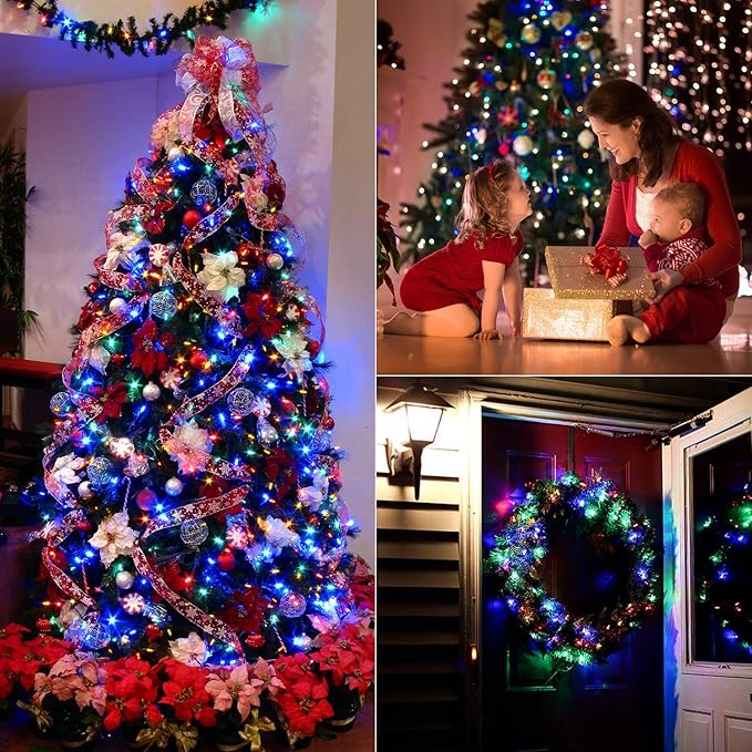 BrizLabs Christmas Lights Multicolor, 2 Pack 17.94ft 50 LED Christmas String Lights, Battery Xmas Tree Light Outdoor/Indoor, Green Wire 8 Modes Mini Xmas Light for Holiday Tree Wreath Lawn Party Decor