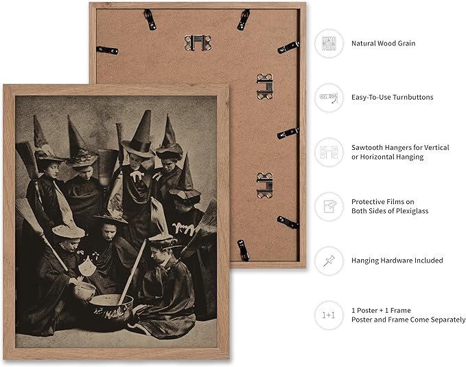 Poster Master Vintage Photograph Poster - Retro Halloween Print - Gift for Artist, Friend - Witches Cooking, Pointy Hats, Broomsticks, Black Magic - Wall Decor for Bedroom, 16x20 Beige Framed