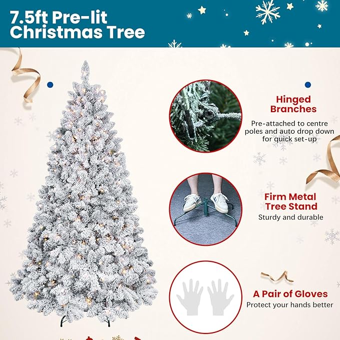 7.5 ft Prelit Flocked Christmas Tree, Lighted Full Christmas Tree with Pine Cones & 550 UL Lights, Snow Frosted Artificial Christmas Tree with Lights, Auto Hinged Xmas Tree for Holiday Décor