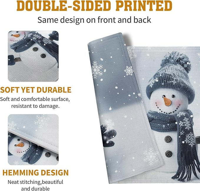 Snowman Placemats Set of 4, 12x18 Inch Winter Cute Blue Snowman Snowflake Table Mats Seasonal Christmas Holiday Washable Linen Fabric Place Mats for Farmhouse Party Kitchen Dining Decor