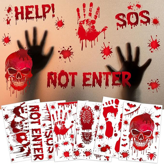 NEBURORA 6 Sheets Terror Bloody Handprint Footprint PVC Window Stickers Spooky Wall Decal and Floor Stickers for Halloween Decorations Party Decorations