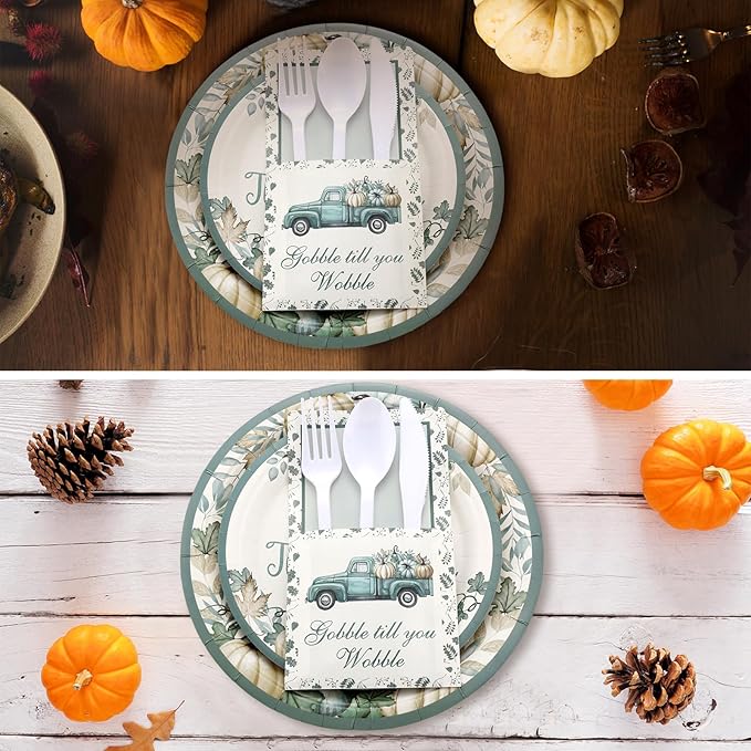 264 Pcs Thanksgiving Plates Napkins Disposable Cutlery Holder Set Thanksgiving Centerpieces for Table Decoration Dinner Autumn Leaves Fall Harvest Wedding Decoration