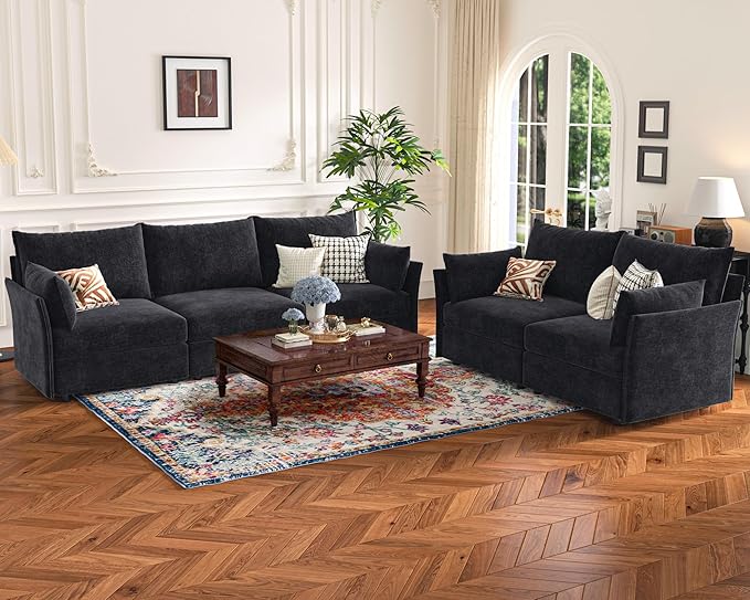 136.4" Oversized Modular Sectional Sofa, U Shaped Convertible Couch with Movable Ottoman, Large 7 Seat Corner Couches for Living Room Deep Seat Black Chenille