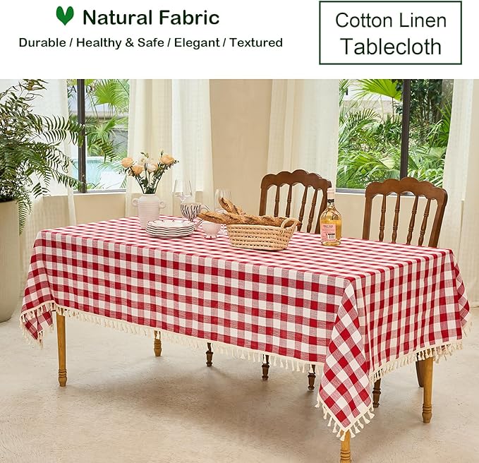 Table Cloth Rectangle Table-Rustic Gingham Tablecloth Buffalo Plaid Table Cloth for Thanksgiving Christmas Kitchen Dining Room (55x120 Inch,Red and White)