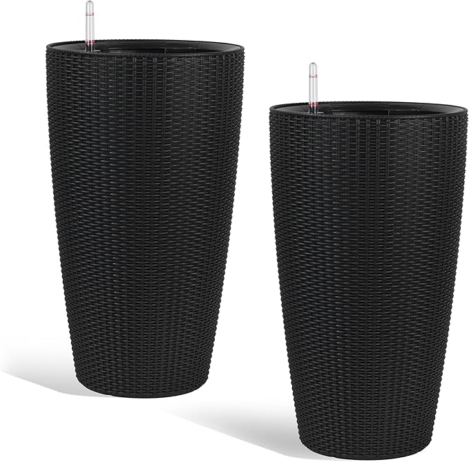 2Pack 22" High Modern Plant Pots Planter-Self-Watering Indoor/Outdoor Planting with Drain Holes, Water Level Monitor, Inner Bucket for Front Porch Patio, Black Rattan Conical