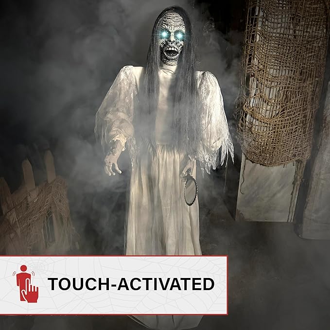 Haunted Hill Farm Lifesize Scary Haunted Woman Halloween Prop with Touch Activated Lights and Sound, Battery-Operated Indoor or Covered Outdoor Halloween Decoration