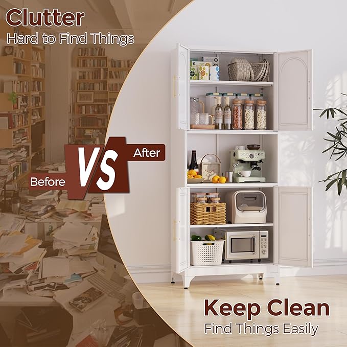 75" Tall Kitchen Pantry Storage Cabinet, Metal Storage Cabinets with 4 Doors and Adjustable Shelves，White Kitchen Hutch Cabinet with Microwave Stand, Large Cupboard for Dining Living Room