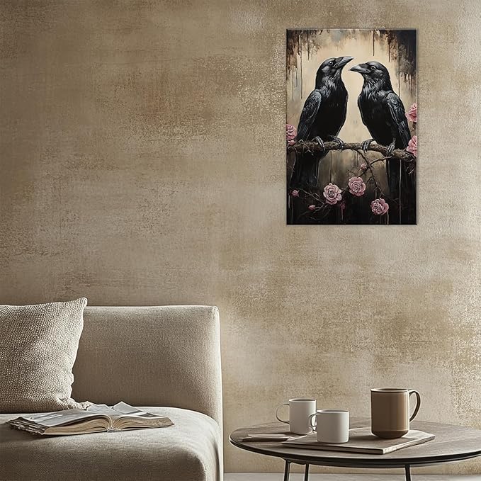 OAAPITI Crow Canvas Wall Art Black Raven Picture Print Pink Rose Poster Vintage Gothic Painting Artwork for Living Room Halloween Decor(Artwork-6,28"x42")