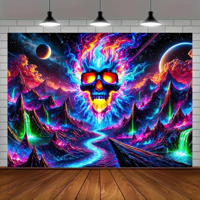 BlissYard Blacklight Skull Tapestry UV Reactive Tapestry 78x59 Inch Black Light Galaxy Planet Glowing Large Neon Posters Wall Hanging for Home Living Room Bedroom Decor
