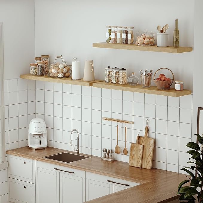 Single Floating Shelves Oak 48 Inches, 48 x 10 inch Deep x 1.8 in Thick, Long Wall Shelves Heavy Duty 80 lbs for Bedroom, Living Room, Kitchen, Office, Modern Shelf Book Home Decor