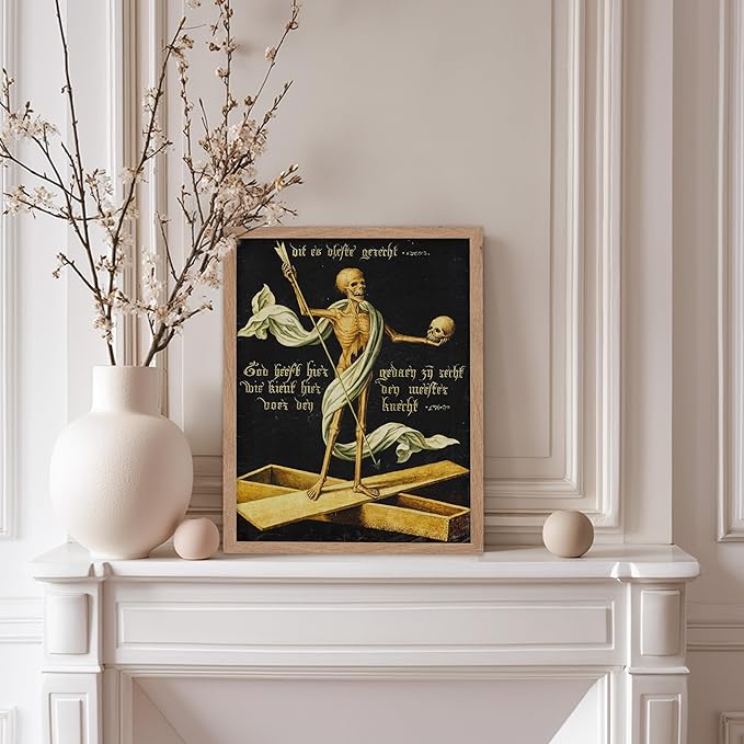 Poster Master Vintage Medieval Poster - Retro Gothic Print - Gift for Artist, Friend - Allegory of Life and Death, Skeleton, Dark, Skull - Wall Decor for Home, Living Room, 8x10 Beige Framed