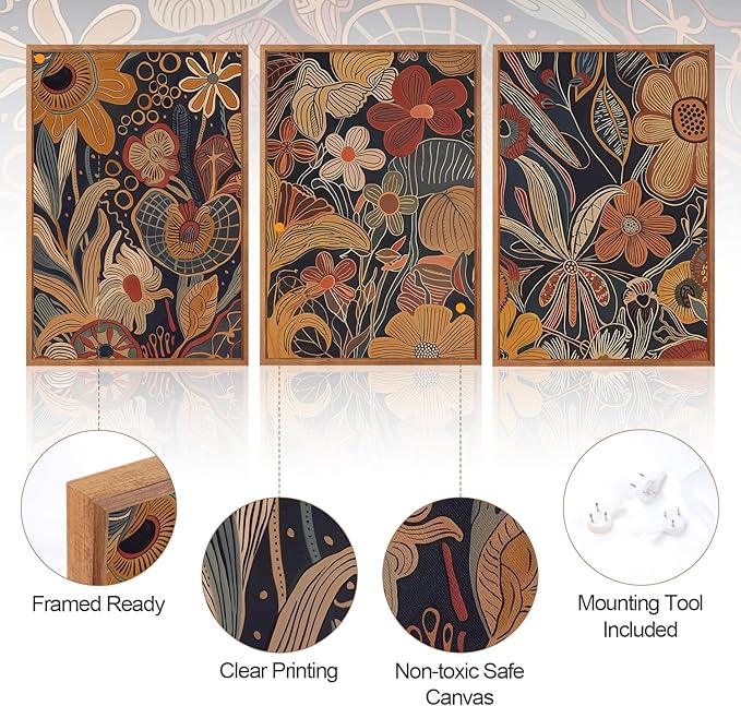 Aurlan Burnt Orange Wildflowers Botanical Wall Art Set(16"x24"), 3 Pieces Abstract Floral Blossom Framed Canvas Artwork, Large Mid Century Modern Boho Nature Wall Decor for Office Bedroom Living Room