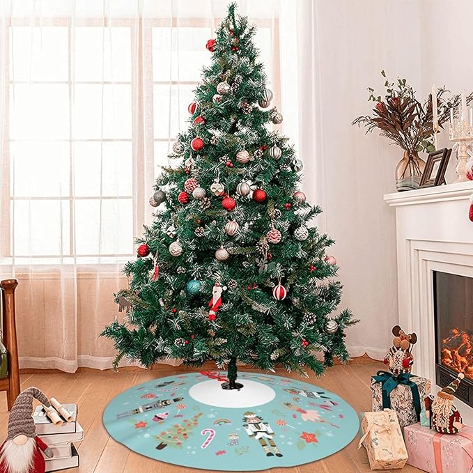 48" Large Christmas Tree Skirt, Turquoise Nutcracker Sweet Pattern Tree Mat Base Cover for Xmas Festive Holiday Party Decoration Ornaments